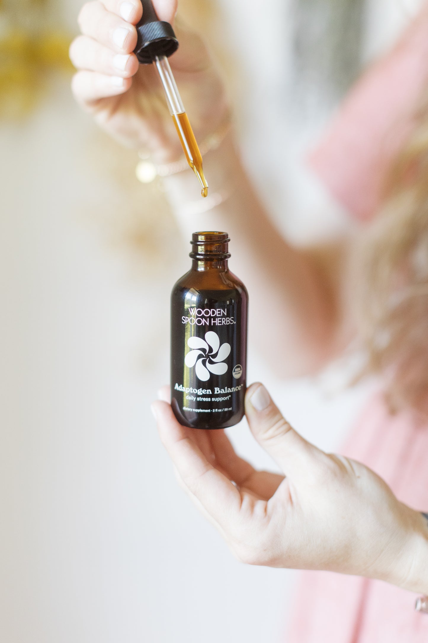 A bottle of Adaptogen Balance by Wooden Spoon Herbs