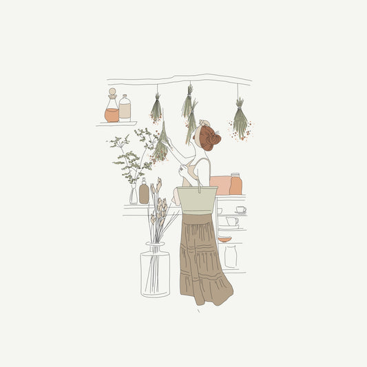 drawing of a woman choosing groceries