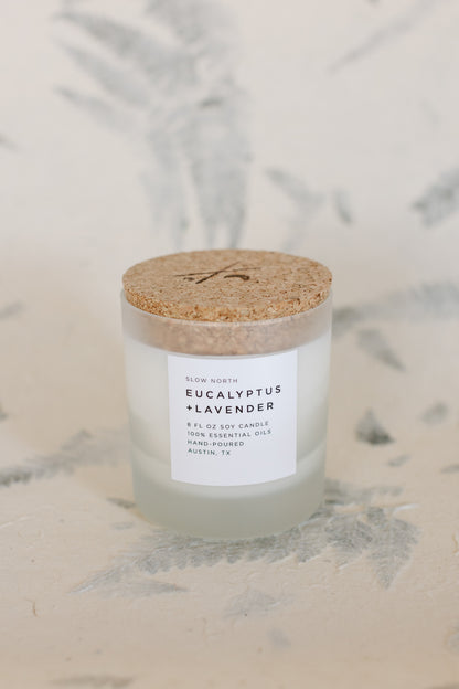Front picure of the eucalyptus + lavender candle
